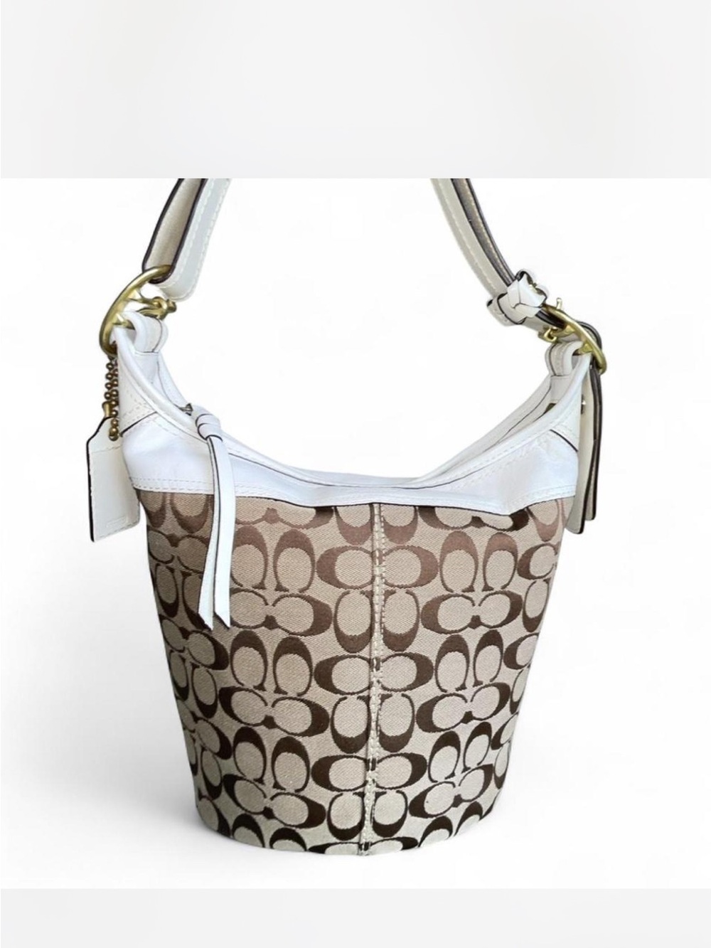 Coach Signature Canvas Bleaker Bucket Bag with White Leather Trim